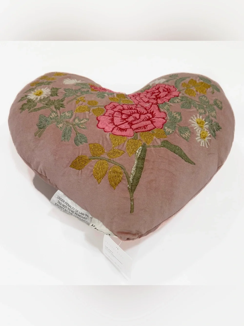 Pottery Barn Nude Blush Velvet Floral Embroidered Heart Pillow | 14x13